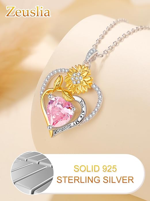 Zeuslia Double Birthstone Necklace Gifts for Wife - 925 Sterling Silver Sunflower/Rose/Crown Cross/Compass/Heart Pendant I Love You Necklace, Anniversary Birthday Gifts for Wife Girlfriend Mom Her