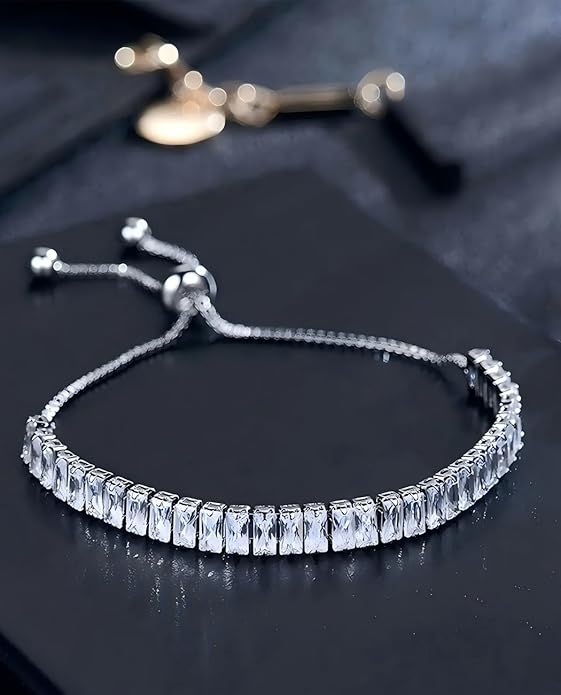 Italian Sterling Silver Women's Tennis Bracelets | Ladies' Sterling Silver Rope Adjustable Bracelet with Crystals | Gift for She