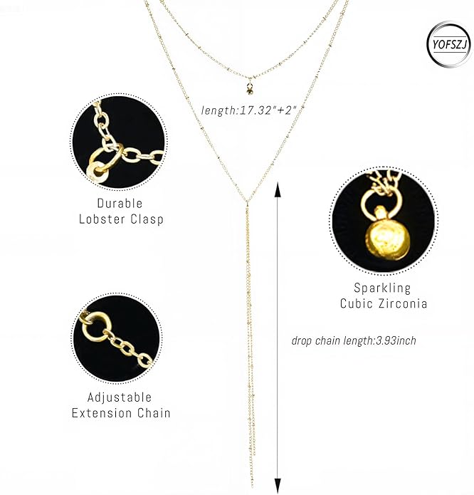 14K Gold Plated Y Necklace for Women – Dainty Lariat Long Pendant Chain, Layered Drop Necklace for V Neck Dress, Simple Sexy Cleavage Jewelry Gifts for Women