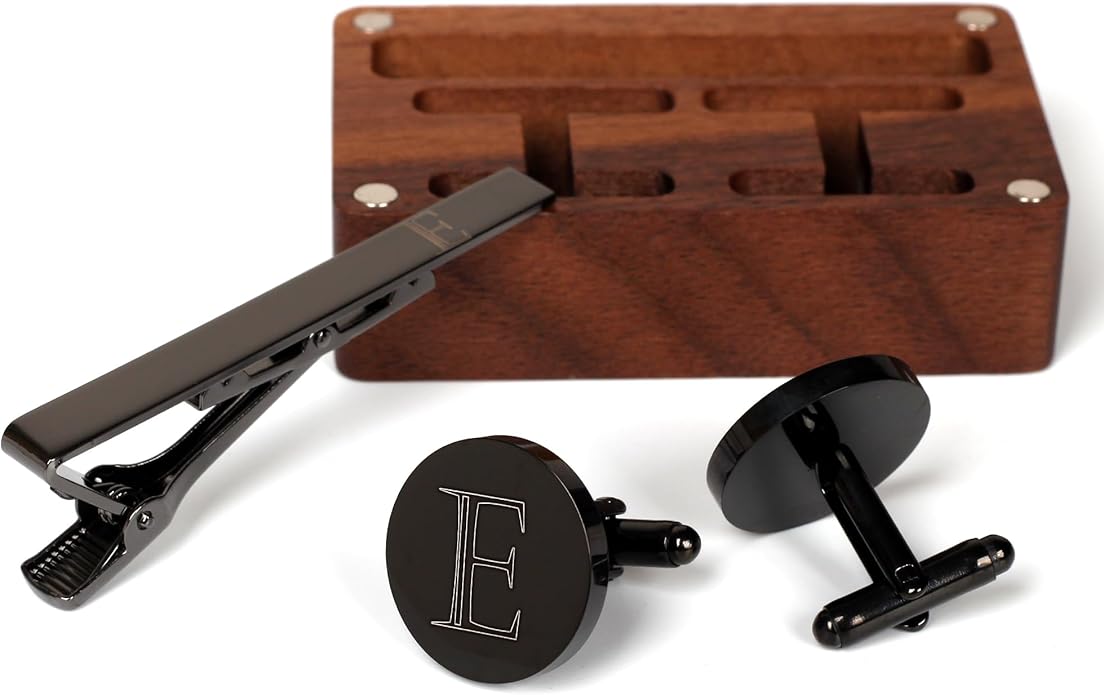 Mens Initial Cufflinks and Tie Clip A-Z Alphabet Letter Black Stainless Cuff Links Tie Bar with Engraved Walnut Wood Box Groom Groomsman Wedding Set