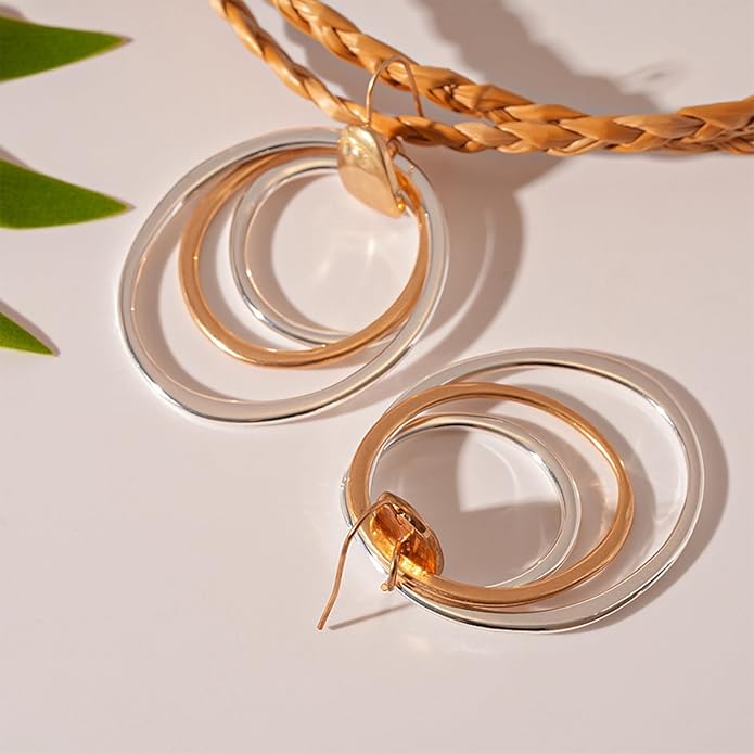 Mixed Metal Earrings, Round Circle Hoop Two Tone Dangle Earrings, Vintage Gold and Silver Geometric Earrings, Handmade Boho Earrings for Women