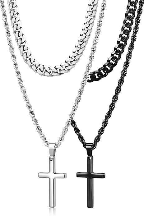Romass 4Pcs Cross Necklace for Men,Stainless Steel Chains for Men Layered Necklaces Silver Gold Black Pendant Jewelry Box Gifts 18-24 Inches