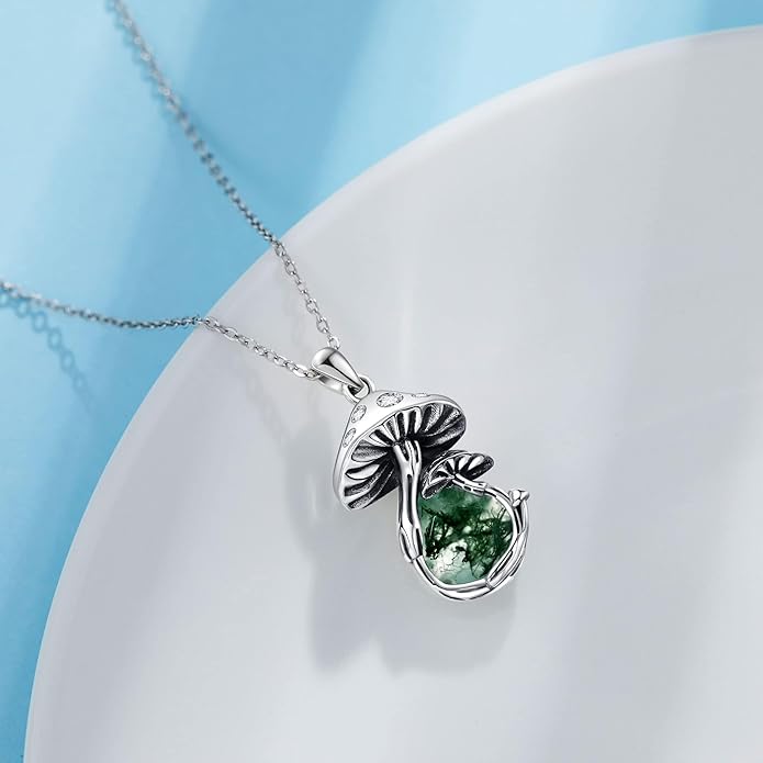 YAFEINI Mushroom Necklace Moonstone/Moss Agate/Malachite/Labradorite/Turquoise/Amber/Larimar/Black Onyx/Lapis Lazuli/Peridot/Opal Sterling Silver Mushroom Pendant Mother's Day Jewelry for Women Mom