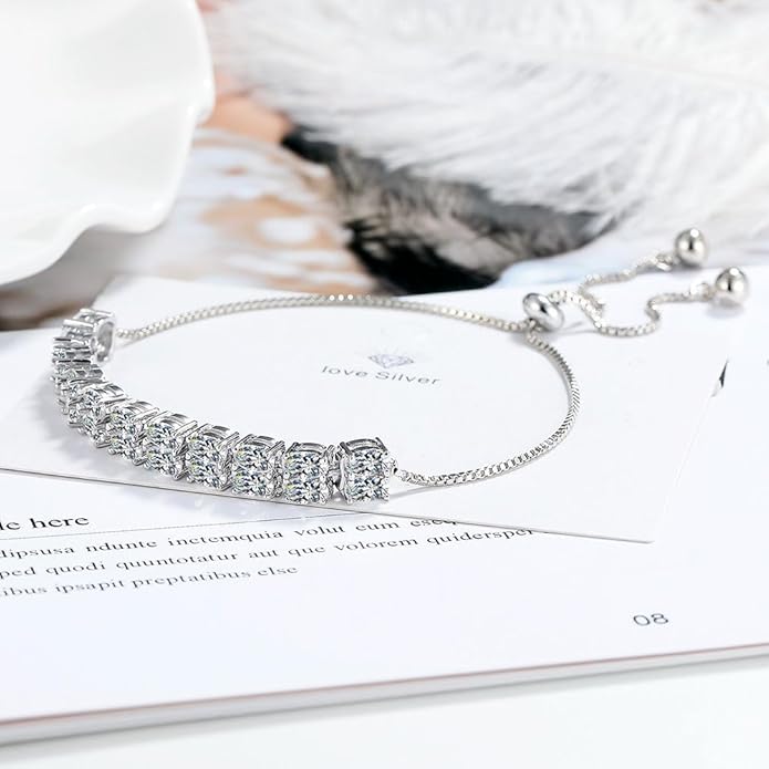 Italian Sterling Silver Women's Tennis Bracelets | Ladies' Sterling Silver Rope Adjustable Bracelet with Crystals | Gift for She