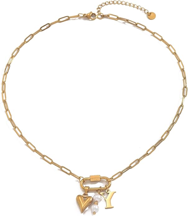 Gold Heart Initial Necklaces for Women 18K Gold Plated Dainty Pearl Letter Necklace Personalized Monogram Name A-Z Pendant Everyday Jewelry for Women