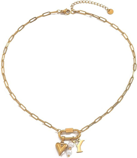 Gold Heart Initial Necklaces for Women 18K Gold Plated Dainty Pearl Letter Necklace Personalized Monogram Name A-Z Pendant Everyday Jewelry for Women