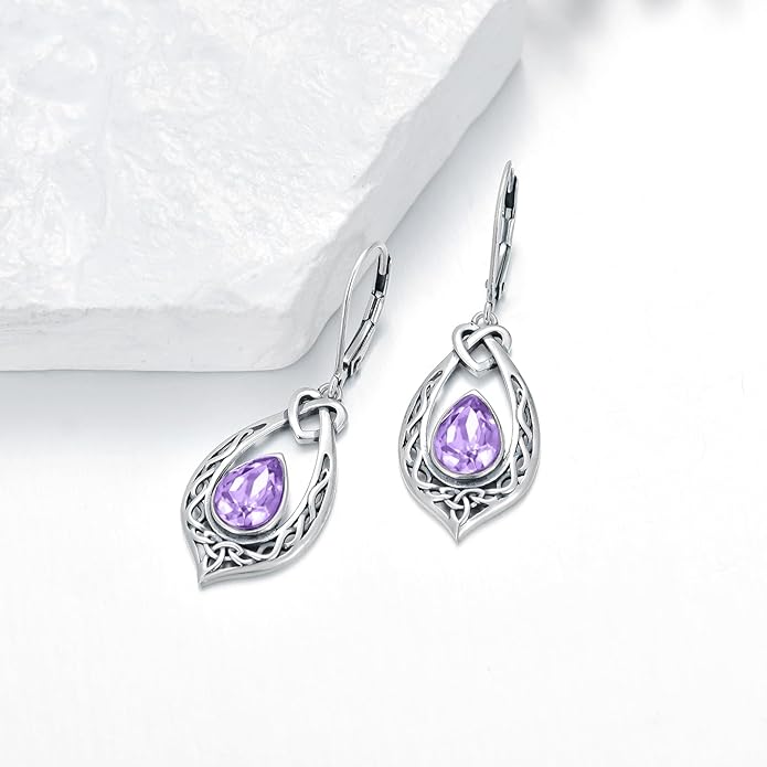 Celtic Knot Dangle Earrings 925 Sterling Silver Oxidized Vintage Drop Leverback Earrings with 8 * 6mm Simulated Birthstone Crystal Christmas Jewelry Gifts for Women (Gift Box)