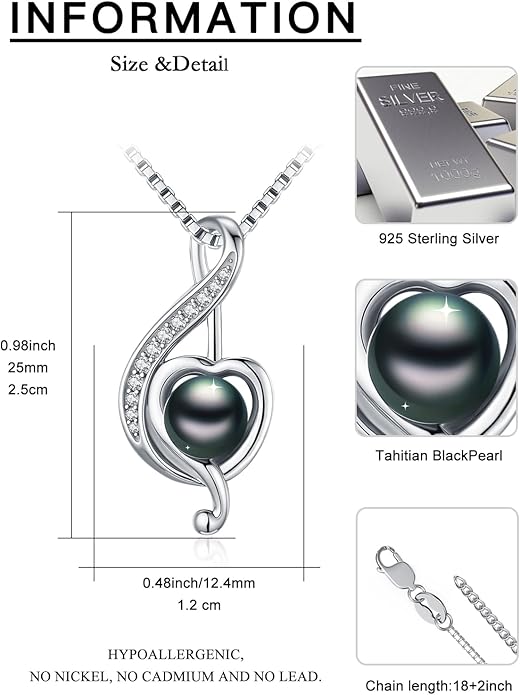 KANNSOAR Tahitian Black Pearl Pendant Necklace AAAA 18K White Gold Plated 925 Sterling Silver Black Pearl Jewelry Gift for Women Mother Wife Her for Anniversary Christmas Birthday