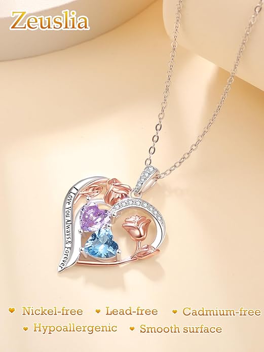 Zeuslia Double Birthstone Necklace Gifts for Wife - 925 Sterling Silver Sunflower/Rose/Crown Cross/Compass/Heart Pendant I Love You Necklace, Anniversary Birthday Gifts for Wife Girlfriend Mom Her
