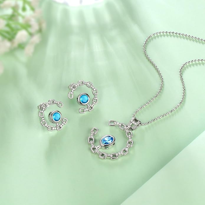 Ydou Elegant C-Shaped Crystal Necklaces/Stud Earrings Set with Birthstone Jewelry Set Silver Plated Fashion Jewelry for Women CS0003