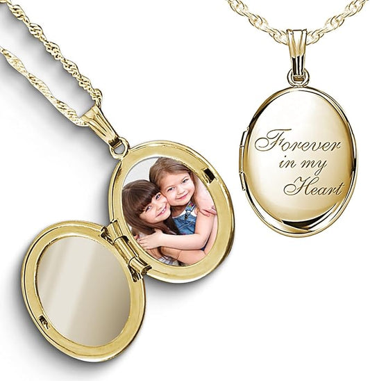 PicturesOnGold.com Sterling Silver & Yellow Gold Filled Oval Forever in My Heart Locket Necklace for Women with 18 Inch Chain
