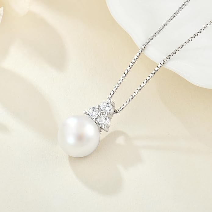 Fahonie Freshwater Pearl Necklaces for Women 925 Sterling Silver Single Pearl Pendant With 3 Birthstone Elegant Jewelry Gifts for Anniversary Mothers Day Christmas Gifts for Wife