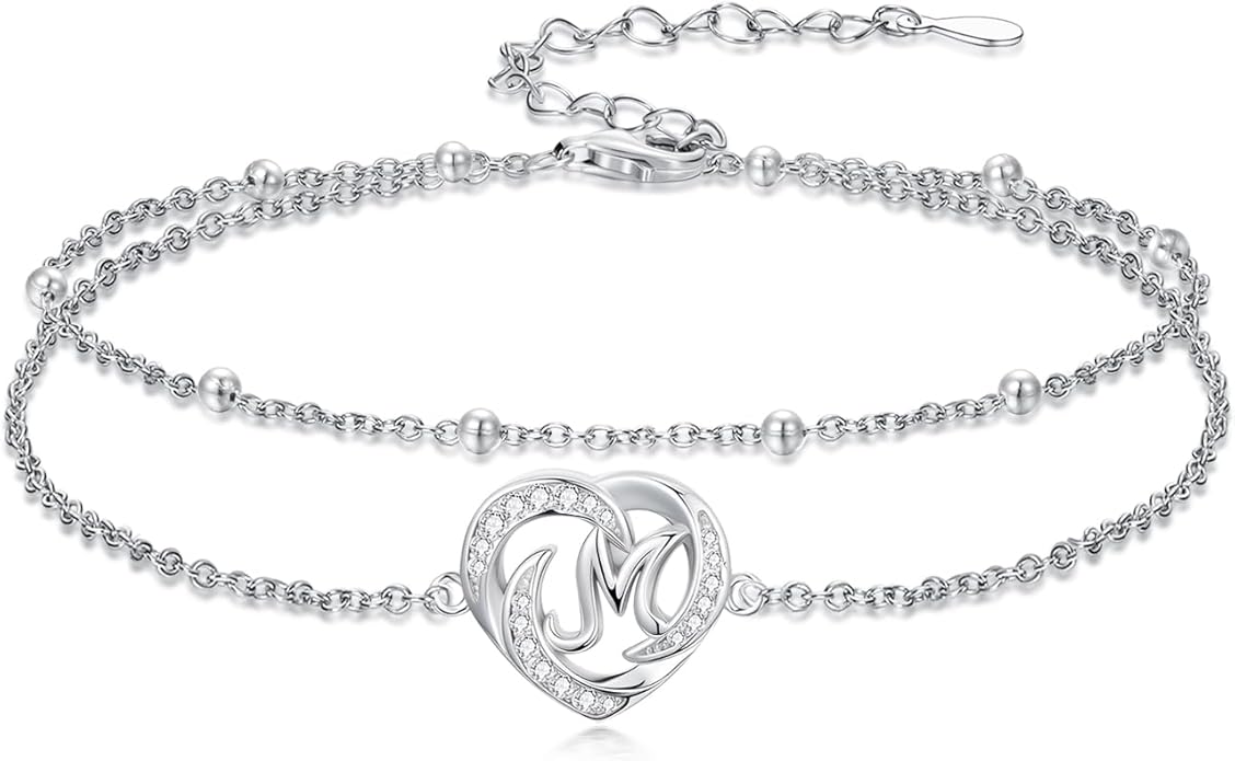 Dorunmo Initial Anklet 925 Sterling Silver Letter A-Z Layered Heart Anklet Beach Jewelry Birthday Gifts for Women