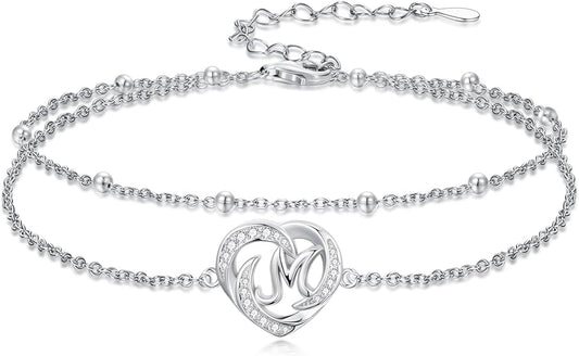 Dorunmo Initial Anklet 925 Sterling Silver Letter A-Z Layered Heart Anklet Beach Jewelry Birthday Gifts for Women