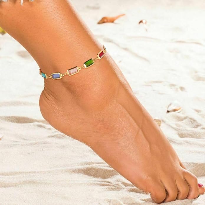 18K Gold Plated Anklet for Women Multicolor Crystal Ankle Bracelets Boho Adjustable Chain Anklets