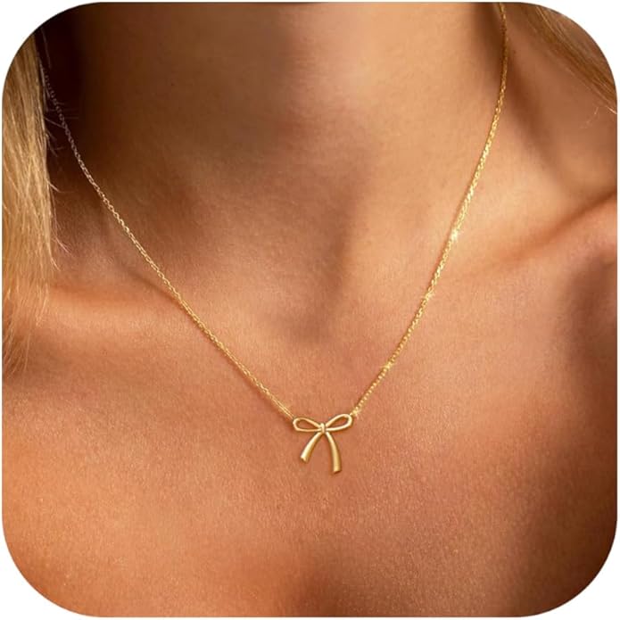 Gold Necklace for Women Dainty Bow Necklace 14K Gold Plated Cute Choker Necklace Small Bow Pendant Charm Necklaces Teen Gift Trendy Stuff Personalized Jewelry Gifts