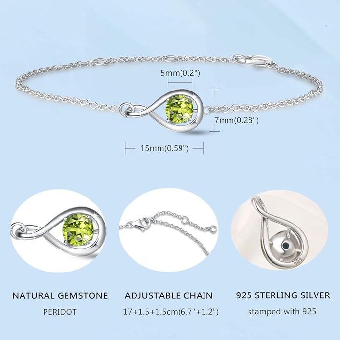 FANCIME Love Bracelet 925 Sterling Silver Infinity Birthstone Bracelets for Women Fine Jewelry Birthday Christmas Gifts for Her Mom Wife, Chain Length 6.7"+1.2" Extend