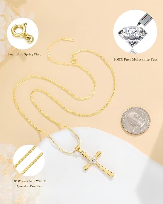 Gold Moissanite Cross Necklace for Women Wife in Light-Up Gift Box,Love Card - Women Anniversary Birthday Gifts Ideas for Wife Her Girlfriend, Christian Cross Chain Jewelry(18K Real Gold Filled)