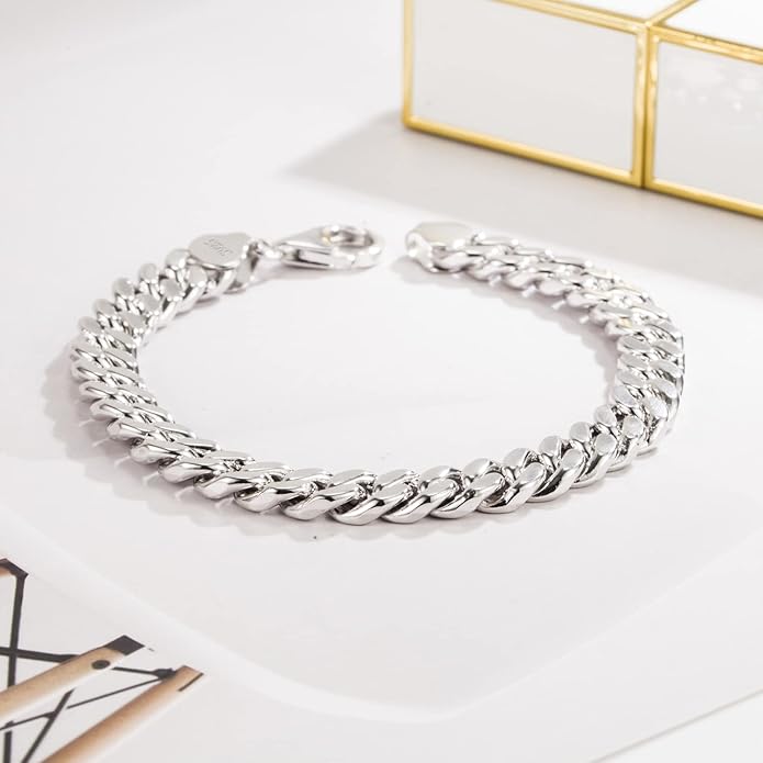 Fashion 925 Sterling Silver Solid Miami Cuban Link Chain Bracelet 8MM-12MM-14MM Curb Cuban Solid Thick Big Link Bracelet For Men 7-10 Inch Jewelry Gift
