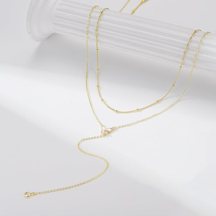 M MOOHAM Gold Lariat Necklace for Women - Dainty 14K Gold Plated Y-Shaped Long Drop Necklace Pearl Cross Clover Butterfly Cubic Zirconia Charm Layered Necklaces for Women Simple Jewelry Gifts