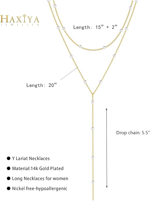 HAXIYA Lariat Gold Necklace for Women Dainty Long Necklace 14k Gold Plated/Silver Y-Shaped Pendant Drop Chain Trendy Layered Pearl/Beaded/CZ Necklaces Simple Gold Jewelry For Women Gift