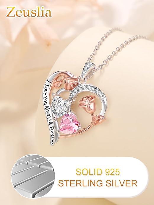 Zeuslia Double Birthstone Necklace Gifts for Wife - 925 Sterling Silver Sunflower/Rose/Crown Cross/Compass/Heart Pendant I Love You Necklace, Anniversary Birthday Gifts for Wife Girlfriend Mom Her