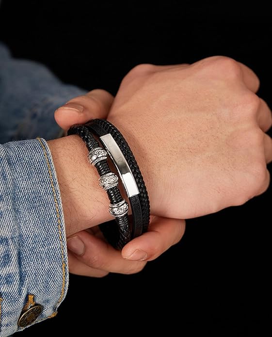 Italian Handmade Genuine Leather Bracelets for Men Stainless Steel Clip, Men's Casual Genuine Multi-layer Cuff Bracelet, Bracelet Gift for Real Men