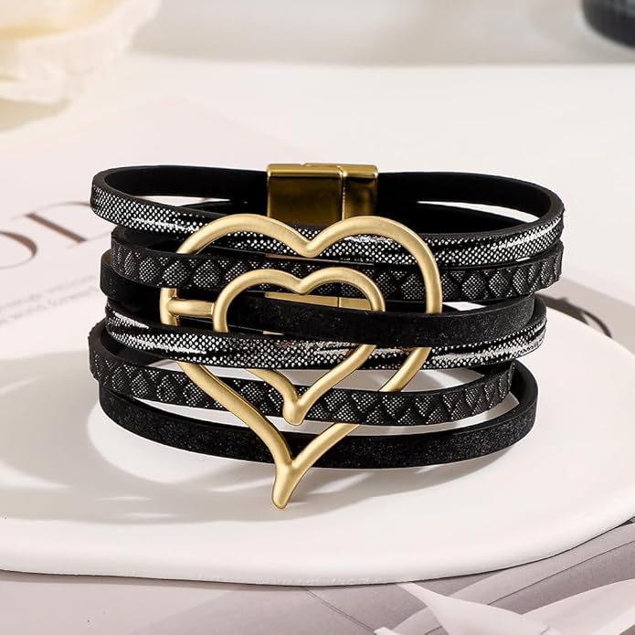 Edoneery Leather Wrap Bracelet for Women, Boho Handmade Multi-Layer Cuff with Crystal Beads Heart, Stackable Bangle Western Jewelry Gift