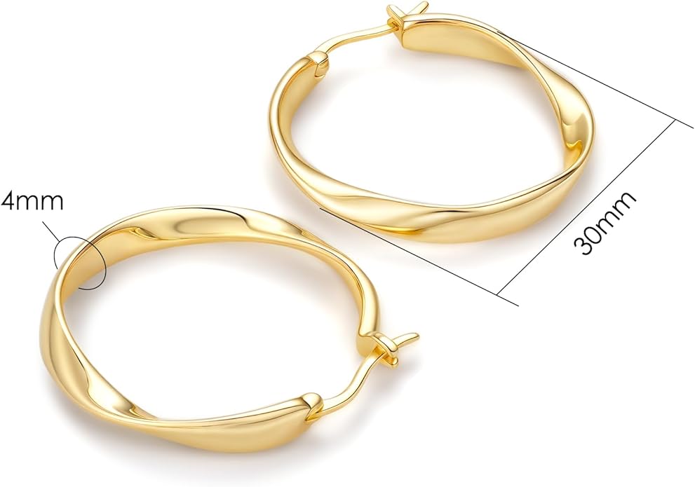 14K Gold Twisted Hoop Earrings for Women Thick Wave Gold Hoops Lightweight Hypoallergenic Elegant Jewelry 25/30MM