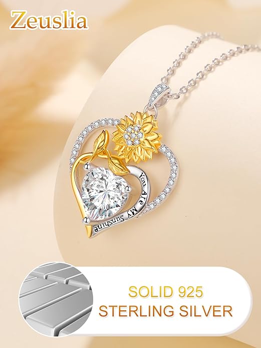 Zeuslia Double Birthstone Necklace Gifts for Wife - 925 Sterling Silver Sunflower/Rose/Crown Cross/Compass/Heart Pendant I Love You Necklace, Anniversary Birthday Gifts for Wife Girlfriend Mom Her