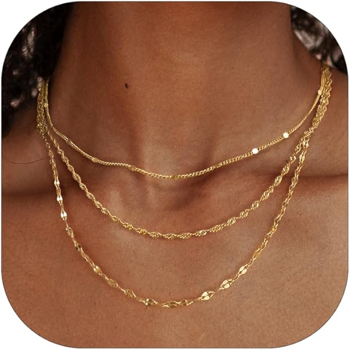 Layered Necklaces for Women, Dainty 14K Gold Plated Herringbone Chain Necklace Set Chunky Gold Necklace Stack Layering Choker Necklaces for Women Trendy Fashion Waterproof Jewelry