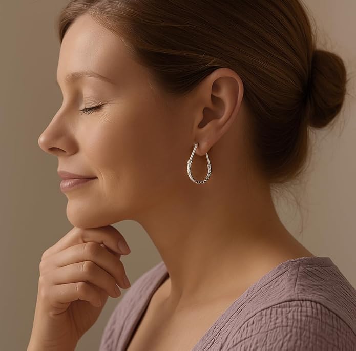 LeCalla 925 Sterling Silver Hoop Earrings | Italian Design Classic Diamond-Cut Textured Earring Hoops | Women's Drop Shape Oval Hoop Earring Jewelry for Women