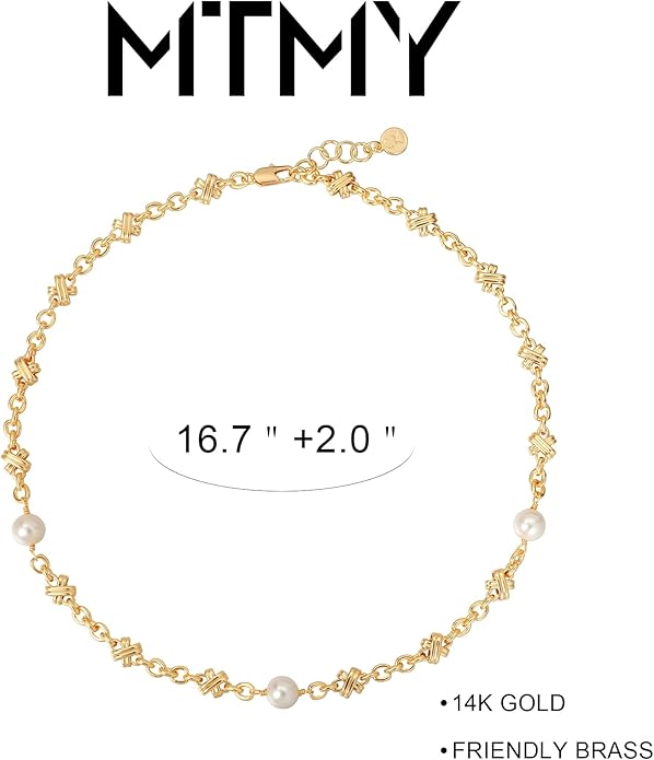 MTMY Beaded Necklaces for Women 14K Gold Plated Dainty Colorful Green/Rose Beaded Pearl Choker Necklace Delicate Boho Choker Necklace Jewelry Gift