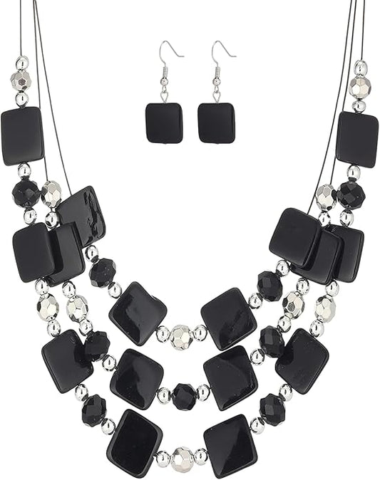 Layered Beaded Statement Necklaces for Women Square Shell Bead Collar Necklace and Earring Set Birthday Gifts Boho Jewelry Sets for Women