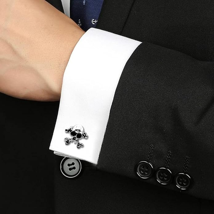 Punk Skull Cufflinks & Tie Clip for Men, Unique Cool 3D Skeleton Cuff-Links Necktie Bar Set, Silver Gothic Pirate Button & Stickpin, Novelty Tie Bars for Wedding & Cosplay Theme Party, Gift for Groomsmen Grooms - Love Forever till Death