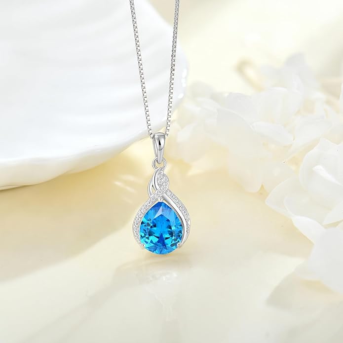 Infinity Teardrop Jewelry Set for Women Aquamarine Necklace & Earrings March Birthstone Jewelry