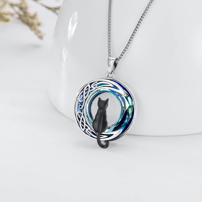 TOUPOP Christmas Cat Gifts for Cats Lovers One Two Three Four Cats Necklace Sterling Silver Cats on the Moon Pendant Necklace with Blue Circle Crystal Birthday Christmas Celtic Jewelry Gifts for Women