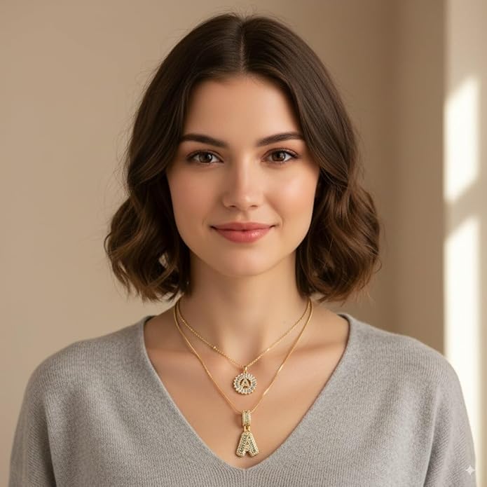 14K Gold Plated Initial Letter Pendant Necklace, Cubic Zirconia Crystal, Copper Chain