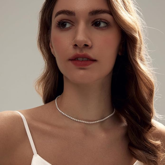 Tennis Necklace Bracelet for Women, Sterling Sliver, Dainty Chocker Necklace, Crystal Bracelet for Women, Wedding Jewelry for Bride, Sparkly Party Prom Hypoallergenic