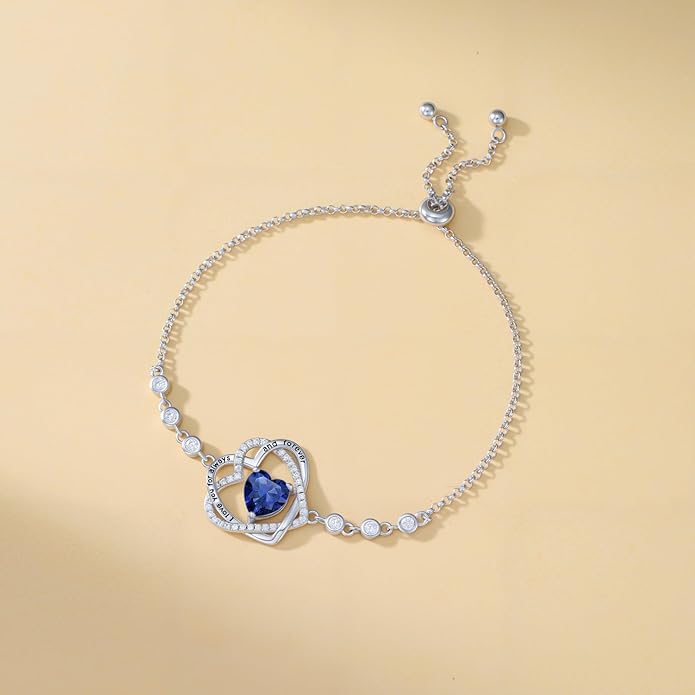 TOUPOP Heart Birthstone Bracelet 925 Sterling Silver Double Heart Bracelet Love You for Always and Forever Jewelry Anniversary Birthday Christmas Gifts for Women Wife Her