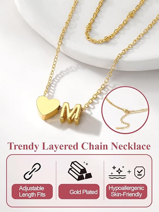 FOCALOOK Layered Initial Necklace for Women, 14K Gold Plated Choker Necklaces Stacks with Initial A-Z, Dainty Silver Heart Pendant Necklace Personalized Birthday Women Jewelry