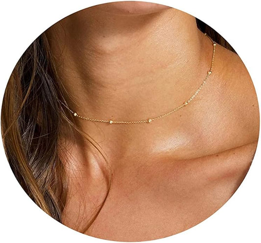 Dainty Chain Necklace for Women, 18K Gold Plated Coin Disc Choker Necklaces Simple Satellite Beaded Twisted Thin Paper Clip Chain Everyday Jewelry Gifts