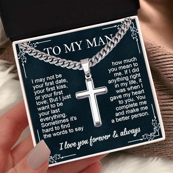 SUTERY Cross Cuban Chain Necklace - Promise Necklace for Him, Necklace for Boyfriend, Mens Necklace for Fiance, Valentine's Day
