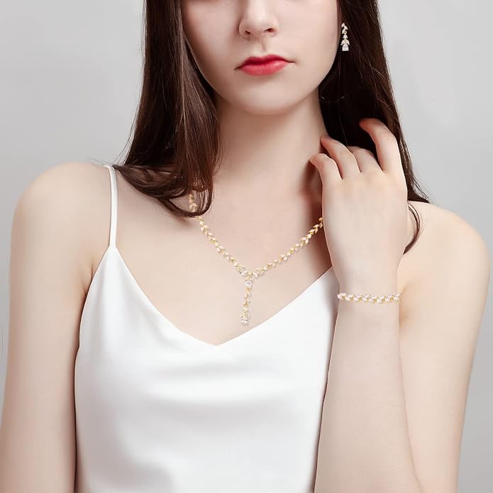 MEEDOZ Bridal Wedding Jewelry CZ Set Marquise Teardrop Cubic Zirconia Pendant Necklace and Dangle Earring Bracelet Sets for Women