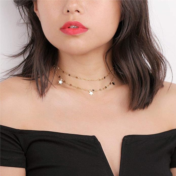 Gold Choker Necklaces 14K Gold Plated/Silver Disc Choker Necklaces Dangling Star Heart Pendant Necklaces Summer Beach Boho Necklaces Aesthetic Necklace Gift for Women