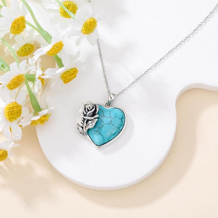 Genuine Turquoise Rose Necklace 925 Sterling Silver Heart Turquoise Pendant Vintage Southwestern Jewelry for Women