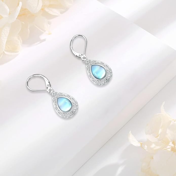 Sterling Silver Tree of Life/Flower/Bee/Animals/Cat/Hummingbird Dangle Earrings Moonstone Turquoise Drop Leverback Earrings Jewelry Gifts