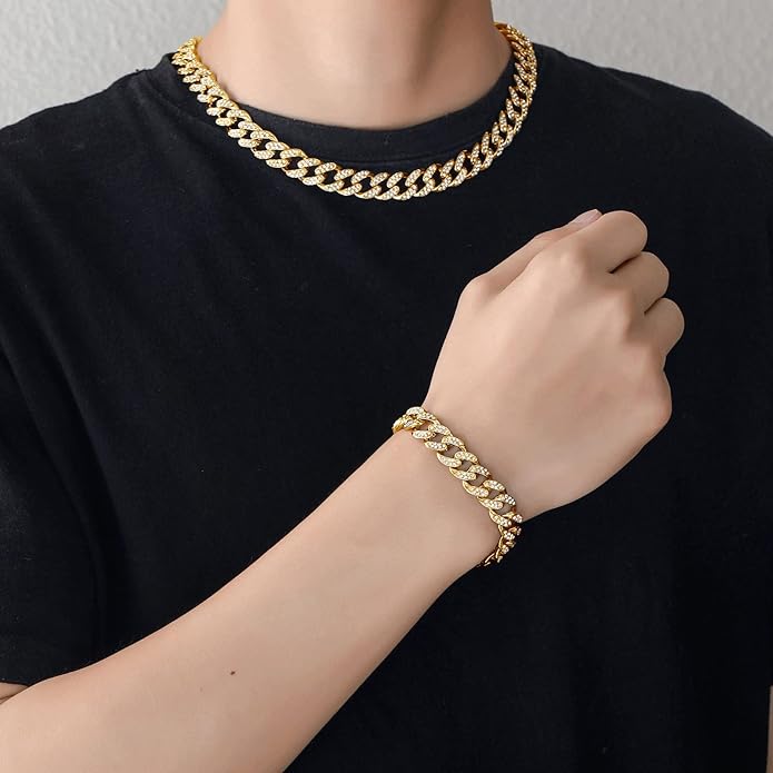 EMESLY Miami Cuban Link Chain 14K Gold Plated Necklace (16, 18, 20, 22, 24, 30 Inches Length); Hip Hop Bracelet (8" Length) for Men & Women; Perfect Iced Out Bling Jewelry Gift