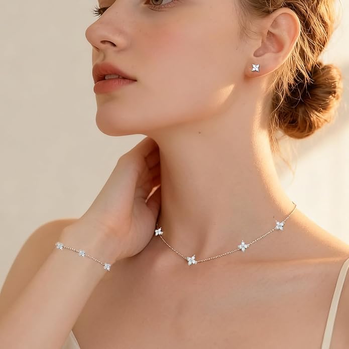 Necklaces Jewelry Set for Women Dainty 14K Silver Plated Four Leaf Bracelet Choker Necklace and Earring Jewelry Set for Women Mom Daughter Gifts