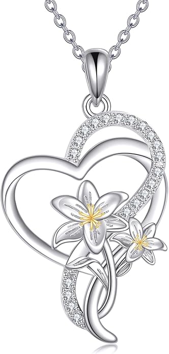 Tulip Sunflower Rose Lily of the Valley Sterling Silver Flower Heart Pendant Necklace Gifts for Women Mother Flower Lover